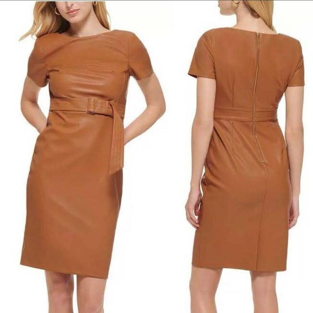Calvin Klein Faux Leather Belted Sheath Dress Size 10